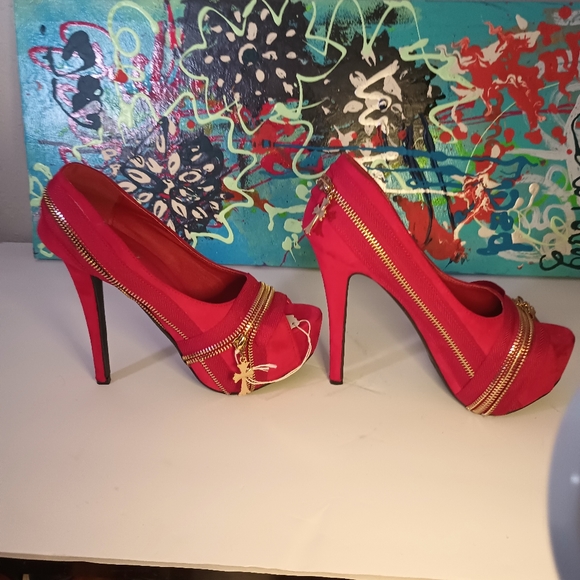 Story Show Peep Toe Red Zipper Shoes 7.5W - Picture 5 of 5